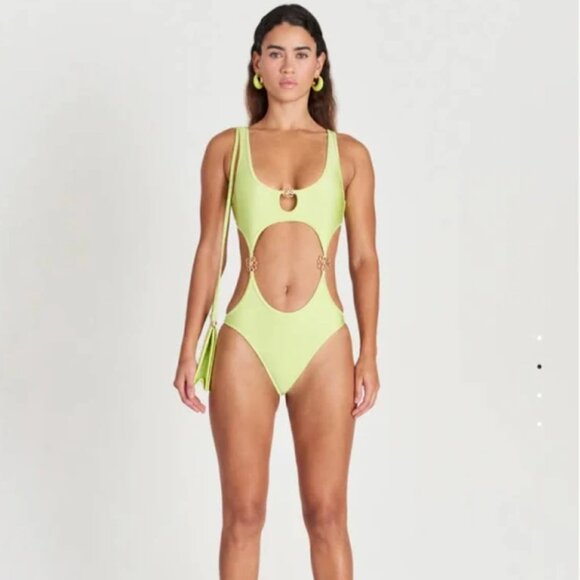 {Cult Gaia} Floral-Detail One-Piece Cut-Out Bathing Suit | Lime Green - Picture 2 of 16